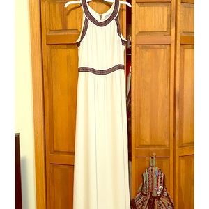 White maxi dress with black lace trim